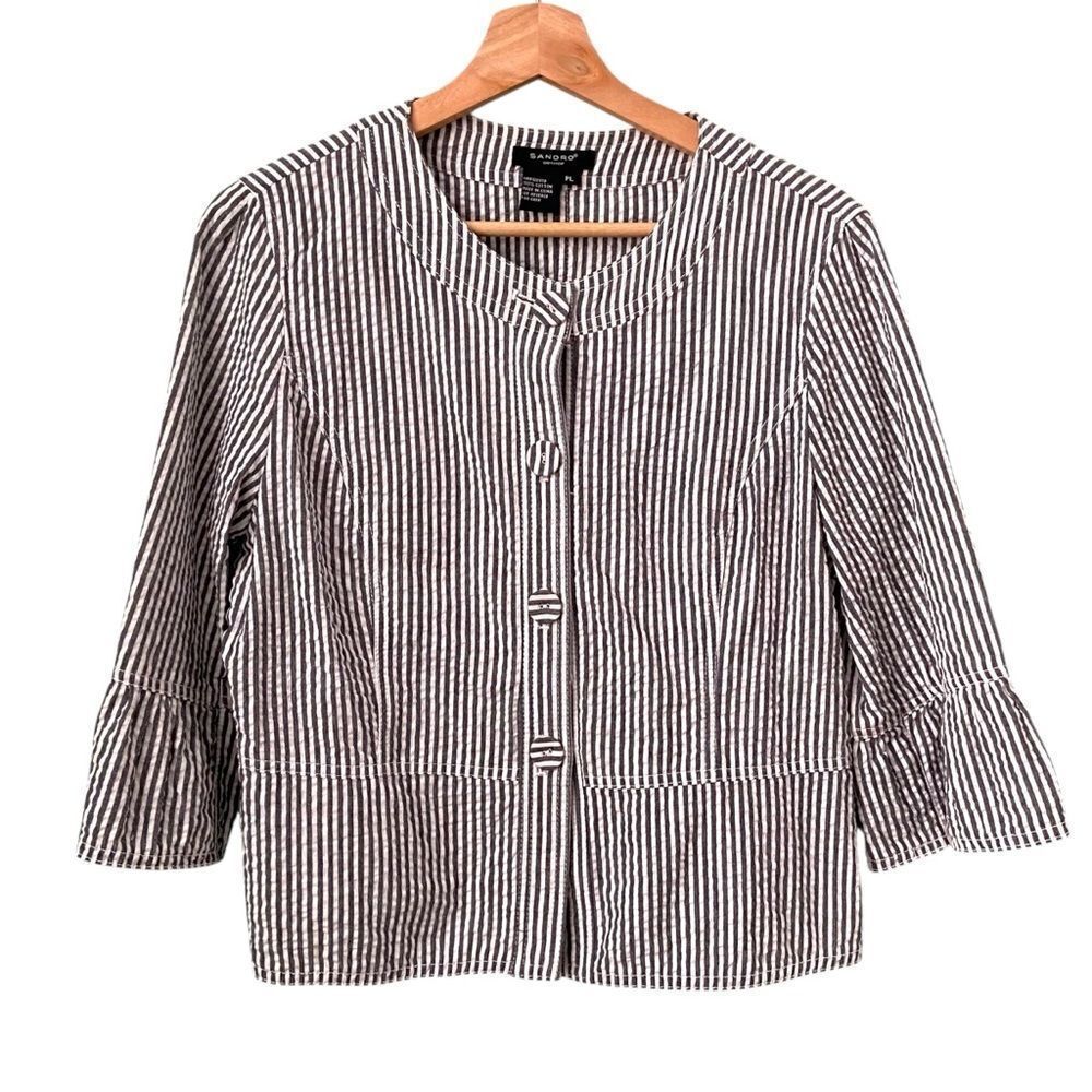 Sandro Striped Seersucker Peplum 3/4 Sleeve Blazer Jacket/Blazer 100% Cotton PL